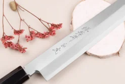 Couteau yanagiba kiritsuke japonais artisanal 27cm Sakai Takayuki Byakko manche en ébène + étui