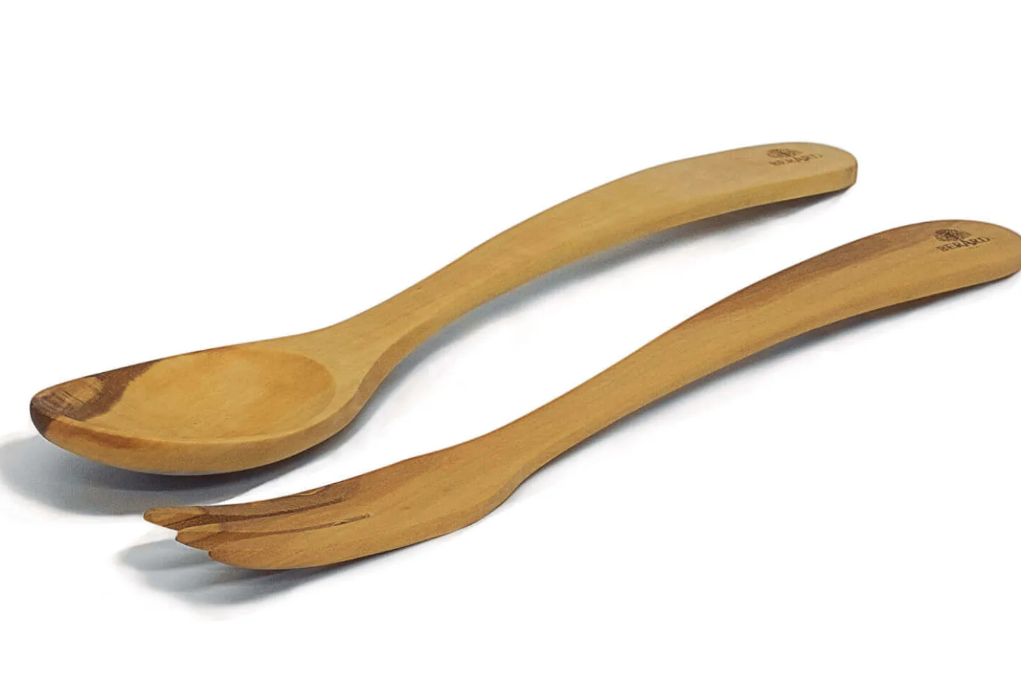 Couverts à salade courbés Bérard Contour faits main en olivier 30cm