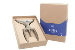 Fourchette à viande Tridens en acier inox brut avec socle en hêtre à empreinte