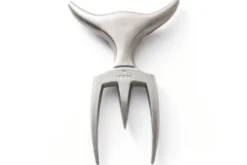 Fourchette à viande Tridens en acier inox brut avec socle en hêtre à empreinte