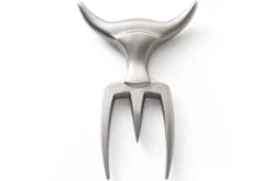 Fourchette à viande Tridens en acier inox brut avec socle en hêtre à empreinte