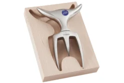 Fourchette à viande Tridens en acier inox brossé avec socle en hêtre à empreinte