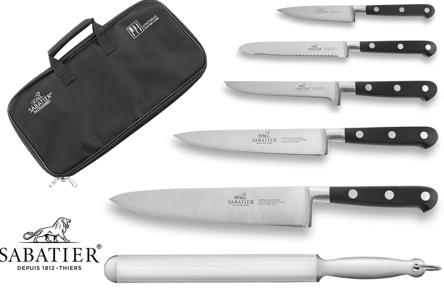 Malette de 5 couteaux + 1 fusil Sabatier Idéal Inox 100% forgés et français