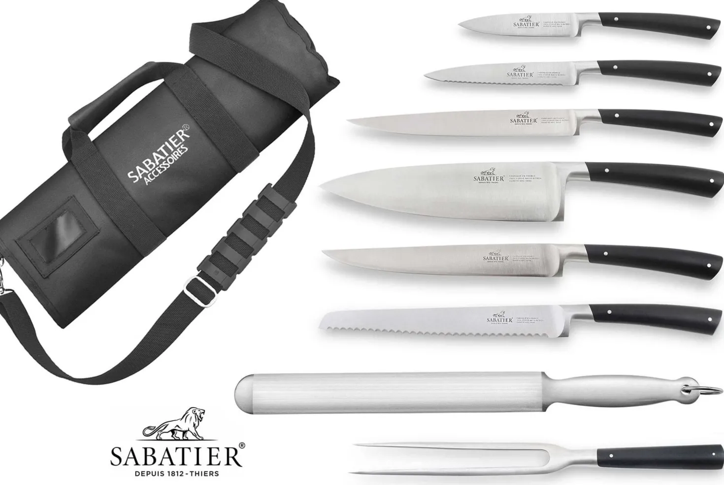 Mallette cuisinier Sabatier Edonist 6 couteaux fabrication française + 1 fourchette + 1 fusil