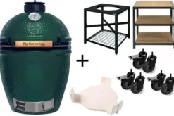 Pack Big Green Egg Large barbecue + convEGGtor + table modulaire + meuble d'extension + 6 roulettes