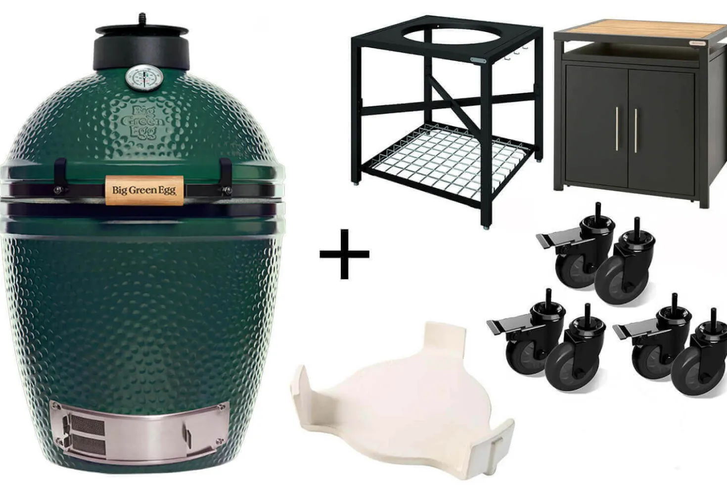 Pack Big Green Egg Medium barbecue + convEGGtor + table modulaire + meuble placard + 6 roulettes