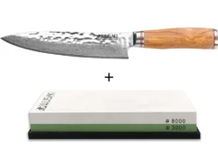 Pack Couteau de chef Wusaki Damas 10cr 20cm + Pierre à aiguiser 3000/8000