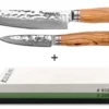 Pack Wusaki 2 couteaux Damas 10Cr Chef + Office + Pierre à aiguiser 3000/8000