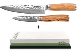 Pack Wusaki 2 couteaux Damas 10Cr Chef + Office + Pierre à aiguiser 3000/8000