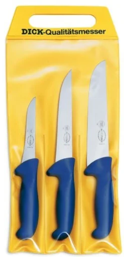 Pochette de 3 couteaux de boucher bleus DICK ERGOGRIP désosseur+saigner+boucher