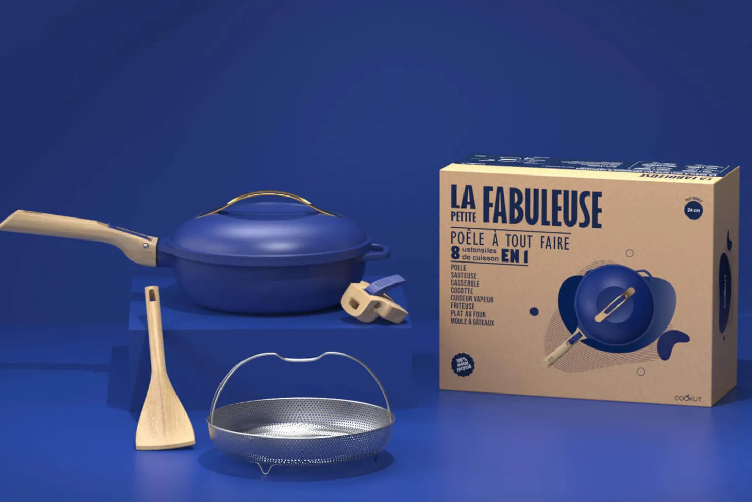 Poêle antiadhérente Cookut La Fabuleuse 8-en-1 bleue