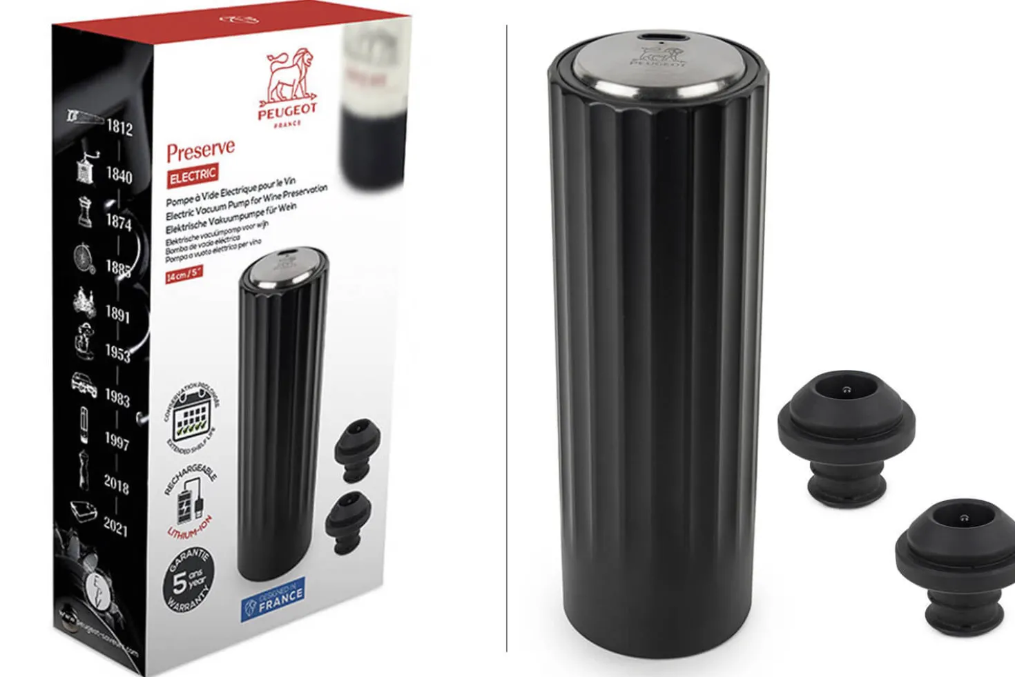 Pompe à vide automatique Peugeot Preserve Electric en ABS noir 14cm + 2 bouchons