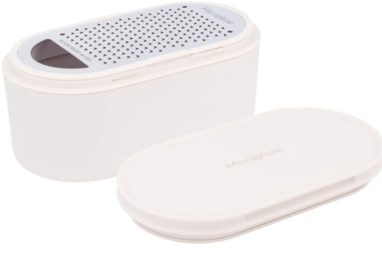 Râpe Microplane 3-en-1 blanche avec boîte de conservation et double couvercle