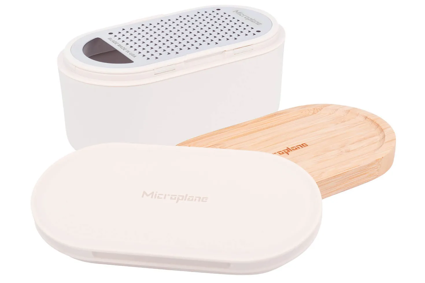 Râpe Microplane 3-en-1 blanche avec boîte de conservation et double couvercle