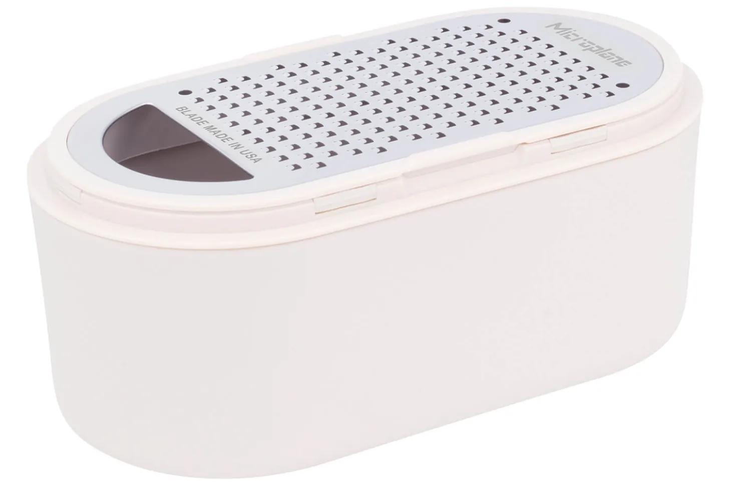 Râpe Microplane 3-en-1 blanche avec boîte de conservation et double couvercle
