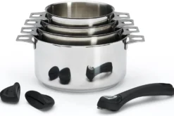 Set de 4 casseroles De Buyer Milady Twisty en acier inoxydable + 1 poignée + 2 anses