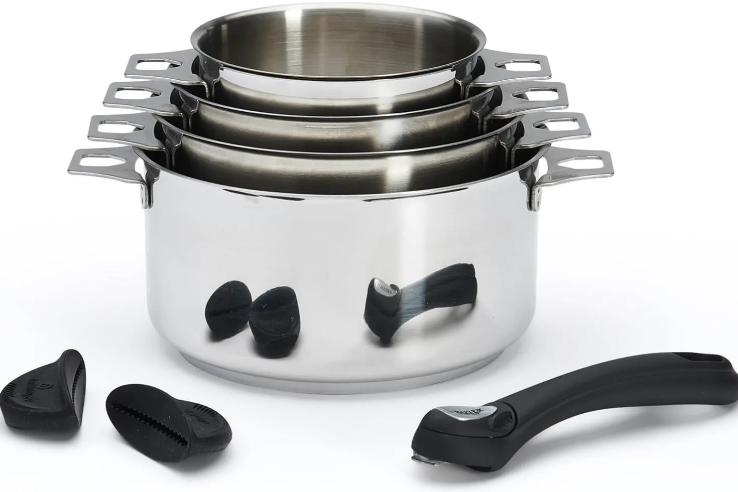 Set de 4 casseroles De Buyer Milady Twisty en acier inoxydable + 1 poignée + 2 anses