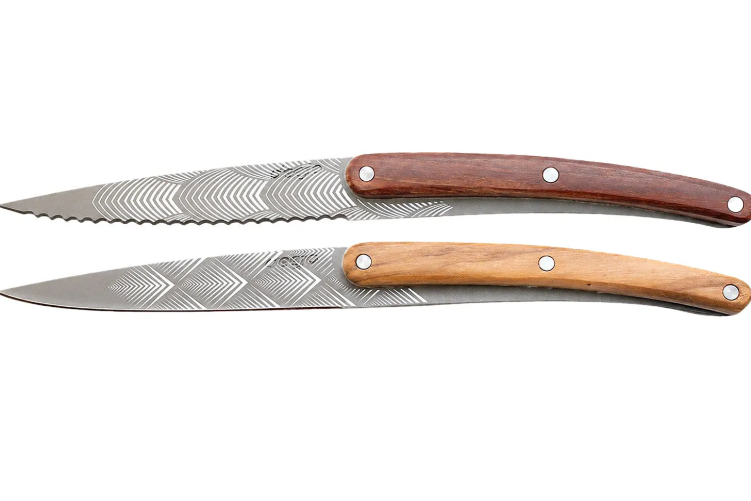 Set de 2 couteaux d'office Deejo Office Art Déco manche en bois d'olivier et bois corail 9cm