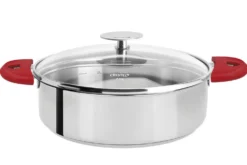 Set de cuisson Cristel Mutine amovible sauteuse 28cm + couvercle Platine + 2 anses framboise
