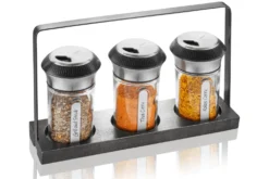 Set de 3 saupoudreuses à épices et herbes Gefu X-Plosion + support en acacia