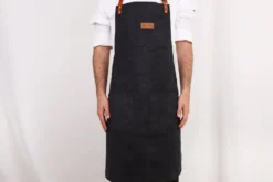 Tablier de cuisine Wusaki en toile noire charbon et cuir 83x67,5cm - Taille unique