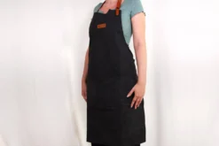Tablier de cuisine Wusaki en toile noire charbon et cuir 83x67,5cm - Taille unique
