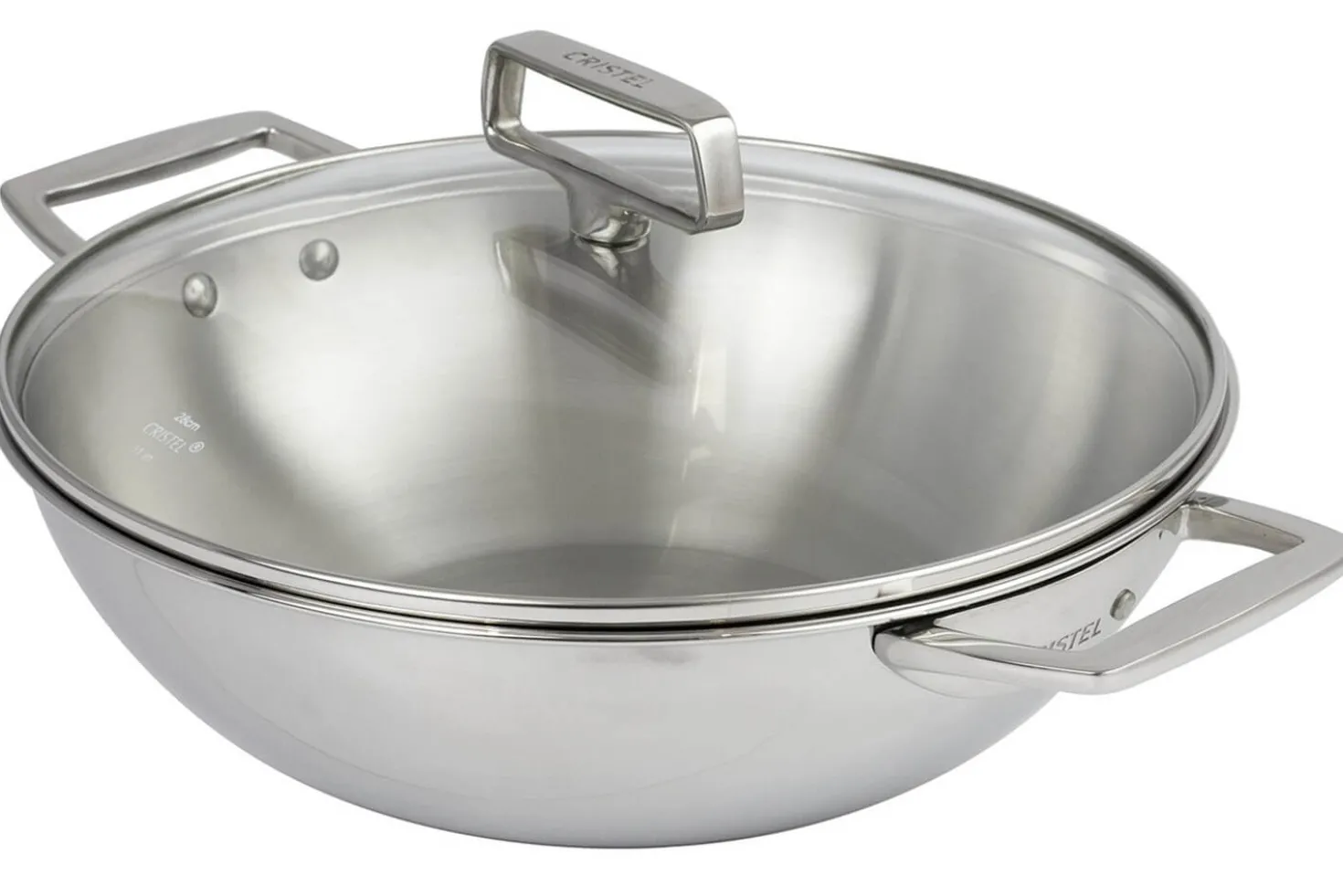 Wok Cristel Castel'Pro 28cm en acier inoxydable 18/10 3 ply 2 anses fixes avec couvercle